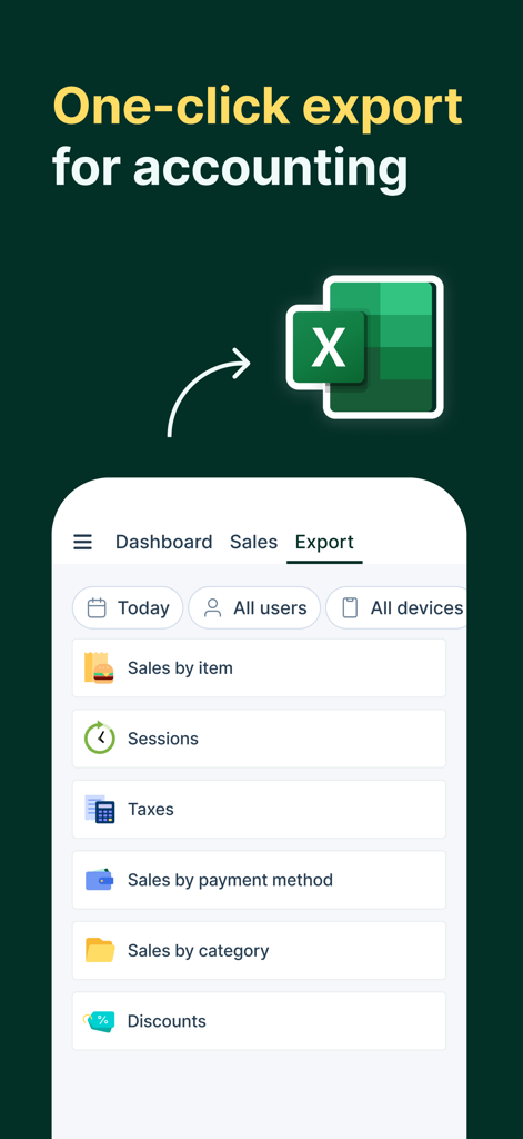 Tunder · Point of sale · POS - Tunder POS 앱 내보내기 화면은 회계 보고서 및 원클릭 Excel 내보내기 옵션을 보여줍니다.