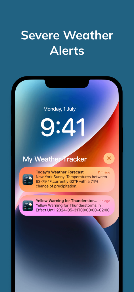 My Weather Tracker & Alerts - Smartphone lock screen showing severe weather alerts and daily forecast notifications from the My Weather Tracker app.