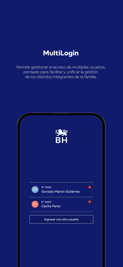 複数の家族メンバーのプロフィールを管理するためのマルチログイン機能を示すHospital Británicoアプリのインターフェース。