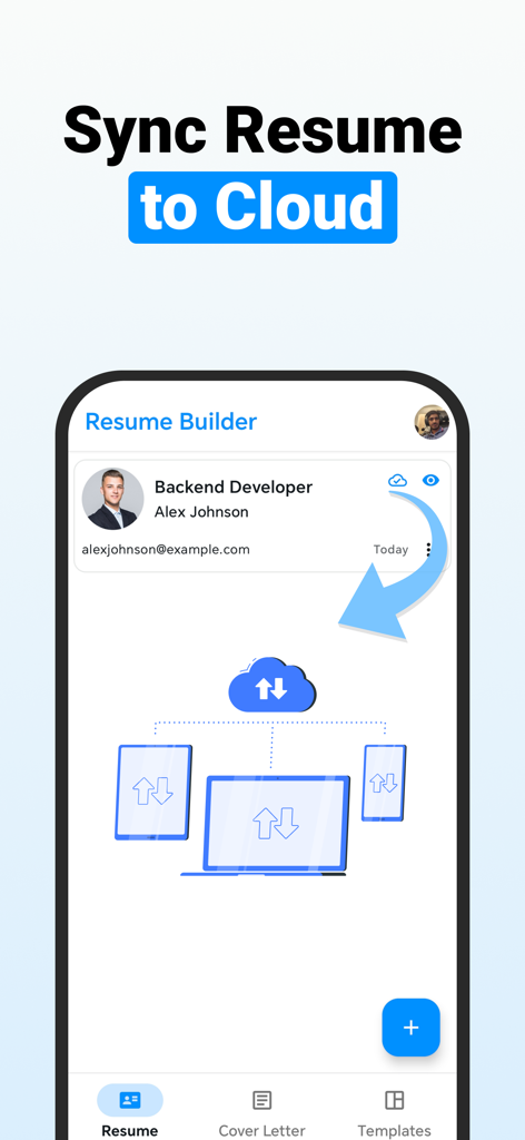 CV Maker, Resume Builder - Pantalla de la aplicación móvil que muestra la función Sincronizar Currículum a la Nube para acceso multidispositivo.