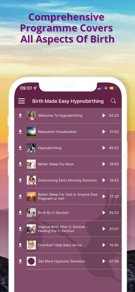 The Hypnobirthing app interface displaying a comprehensive list of audio sessions for various birth scenarios and pregnancy wellness
