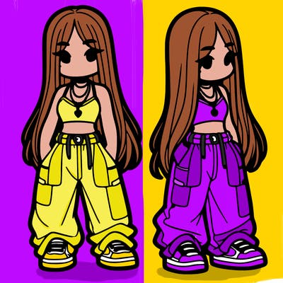 girl in baggy pants crop top and long hair