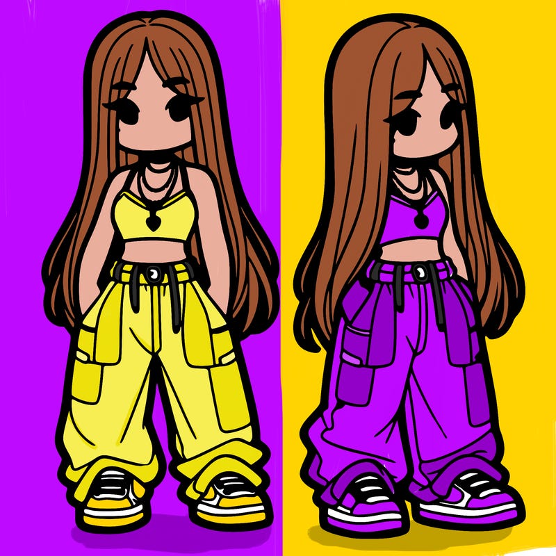 girl in baggy pants crop top and long hair