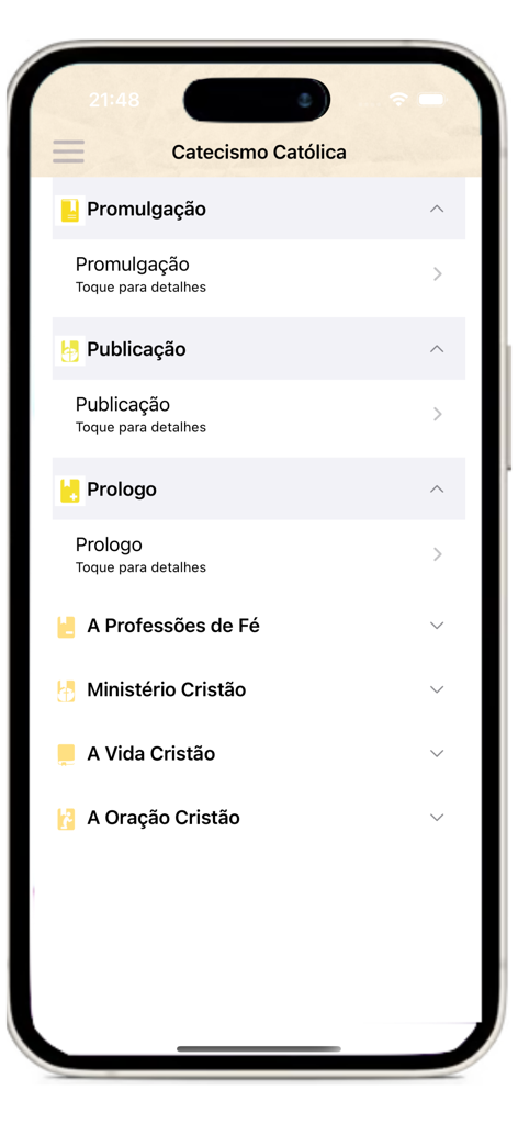 Catecismo da Igreja Católica - YOUCAT 가톨릭 교리서 앱의 인터페이스로 종교 학습 섹션이 있는 메인 탐색 메뉴 표시
