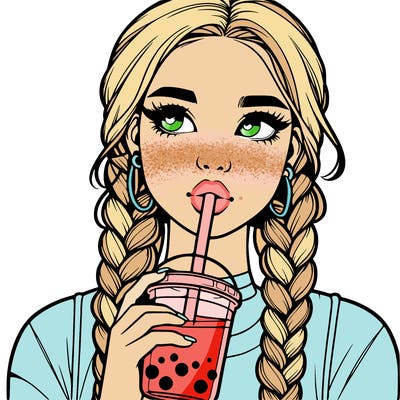 realistic girl with braided hair drinking boba
