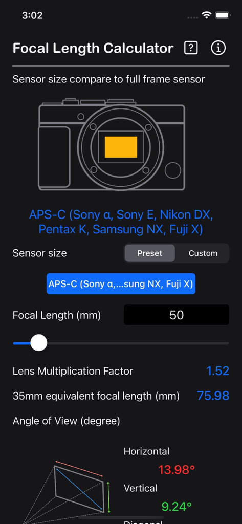 APS-Cセンサーの35mm換算と画角を示す焦点距離計算機アプリのインターフェイス