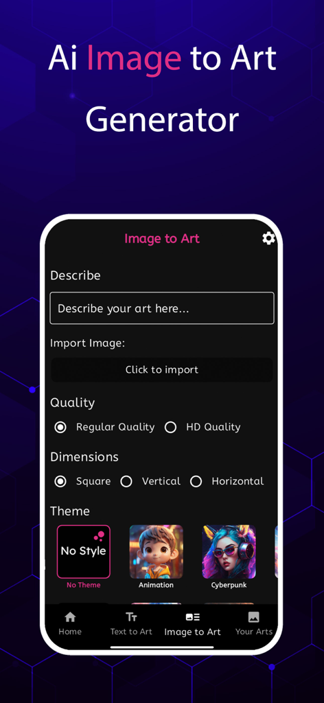 Adult Ai Art Generator - 성인 AI 아트 생성기 앱의 모바일 인터페이스. 이미지-아트 기능과 프롬프트 설명 및 스타일 옵션 표시