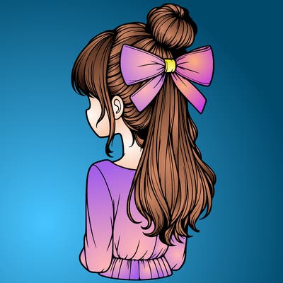 realistic girl  with hip length hair a bun and a big bow on the back of head