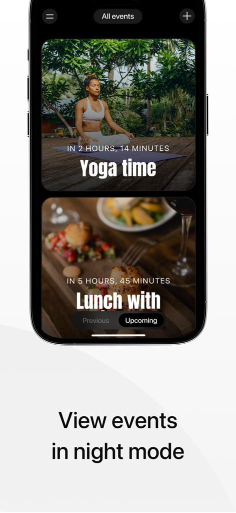 Days • Countdown & Widgets - Smartphone showing the Days app interface with events displayed in a dark night mode theme
