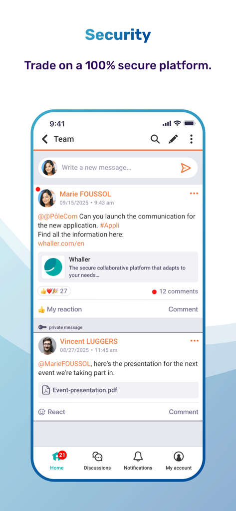 L'interface de l'application mobile Whaller affiche un flux de messages sécurisé et le partage de fichiers au sein d'une sphère d'équipe.