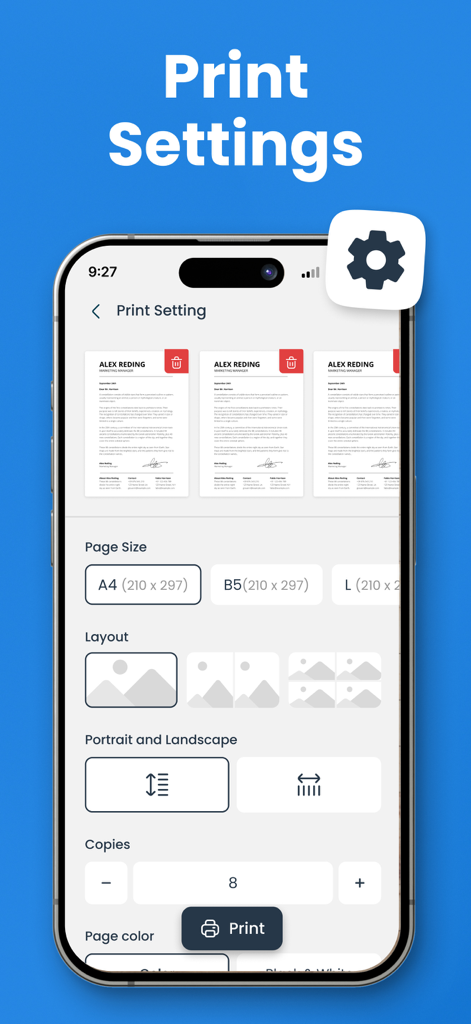 User interface showing print settings for page size layout and copies in the Smart Printer app