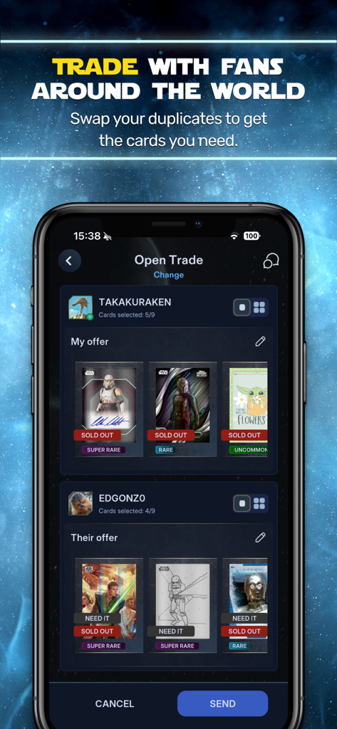 Star Wars Card Trader by Topps - Interfaz de la aplicación Star Wars Card Trader que muestra un intercambio de cartas digitales entre dos usuarios