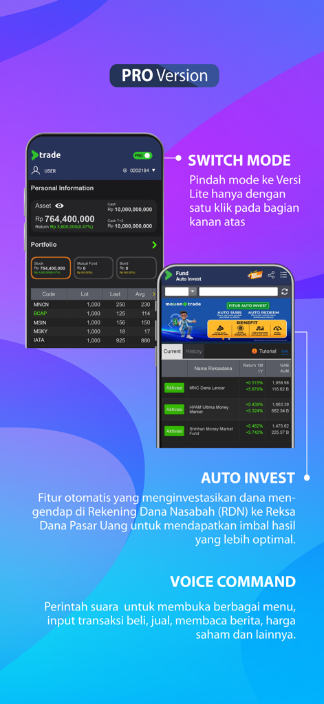 MotionTrade - MotionTrade mobile app interface showing Pro version features including Auto Invest and Voice Command functions