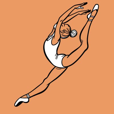 gymnast doing a leap in a leotard with a bent back leg
