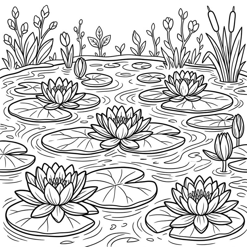Welcome the beauty of spring with this delightful water lilies coloring page, perfect for finding your calm. Immerse yourself in a serene pond scene filled with intricate floral details and gently rippling water.
