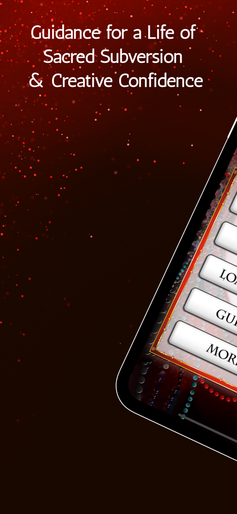 Divine Circus Oracle - Intro screen for Divine Circus Oracle app featuring sacred subversion and creative confidence text on a red starry background