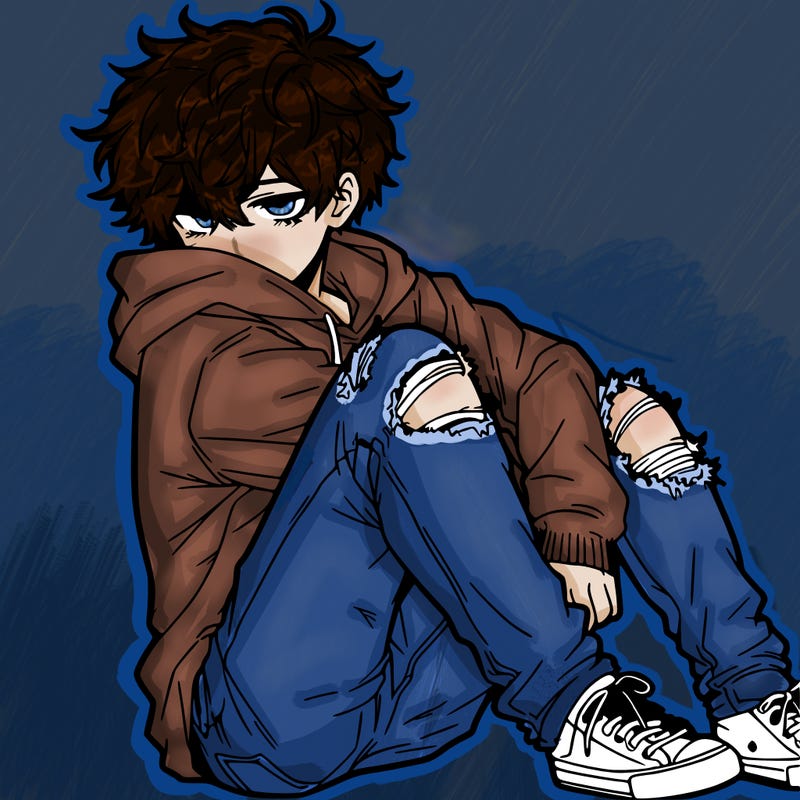 a male hoddie ripped jeans messy hair anime