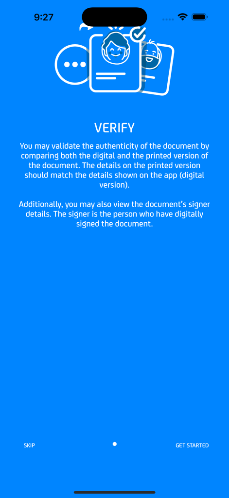 eValidator - eValidator onboarding screen explaining how to verify document authenticity and view signer details