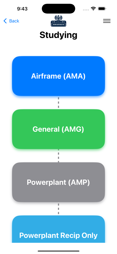 Prepare Aviation Maintenance - Prepare Aviation Maintenanceアプリの学習画面のスクリーンショット。航空機、一般、および航空機エンジン試験のカテゴリが表示されています。
