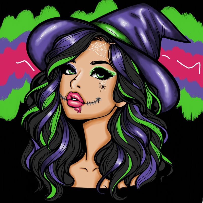 realistic witch girl with wavy hair and lips