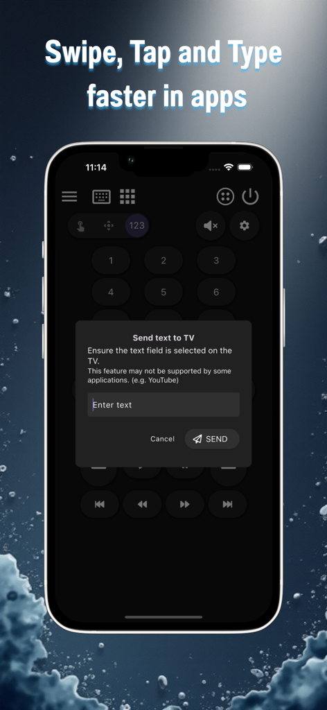 SonLink: Remote for BRAVIA TV - Interfaz de la aplicación SonLink para enviar texto a un TV Sony BRAVIA usando el teclado de un iPhone