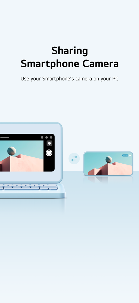 Feature illustration of the LG gram Link app showing how to use a smartphone camera on a PC