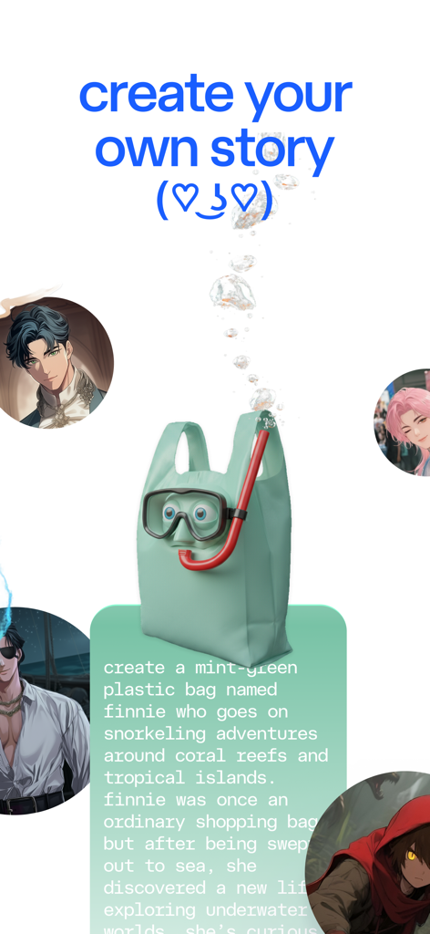 Character AI: Chat, Talk, Text - Character AI app interface showing a custom character named Finnie the snorkeling plastic bag surrounded by anime avatars