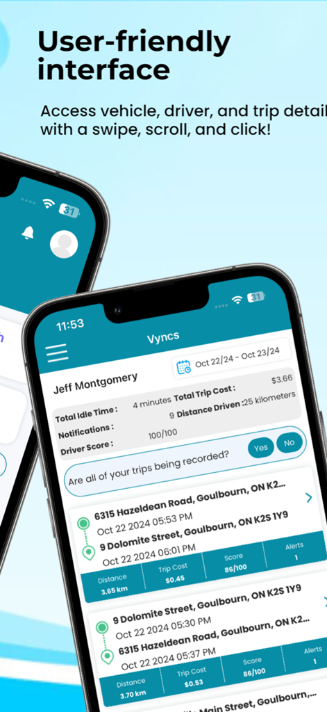 Vyncsアプリのインターフェース。車両の走行履歴、ドライバー評価、メンテナンスデータが表示されます。