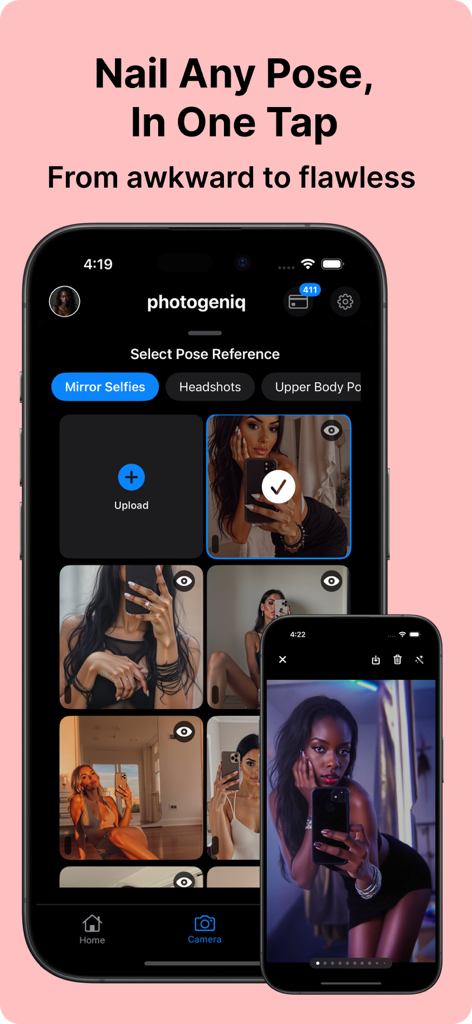Photogeniq app interface showing the selection of pose references for AI generated mirror selfies