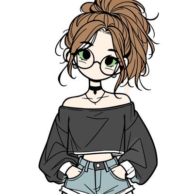 girl with a messy ponytail glasses a baggy crop top and jean shorts