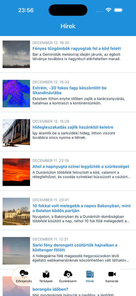 Időkép - Feed de noticias de la aplicación meteorológica Idokep mostrando informes meteorológicos y fotos