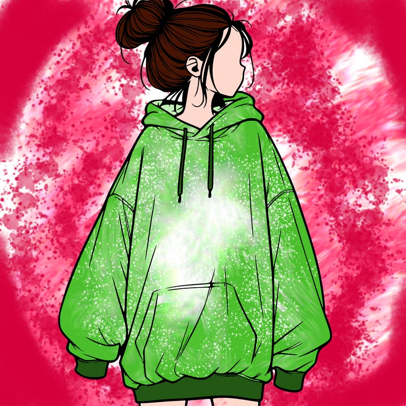realistic girl with a oversized sweatshirt on and a bun