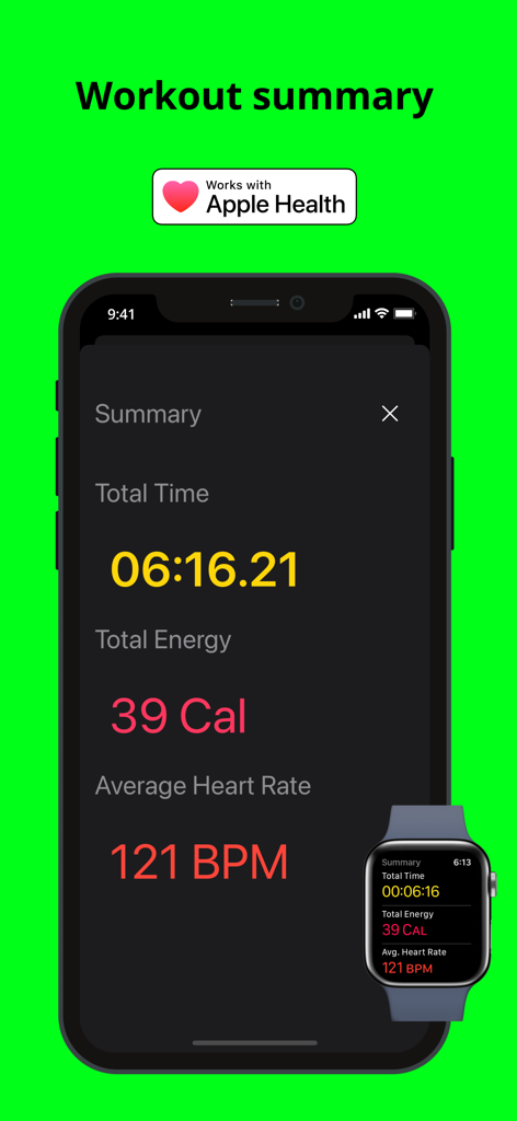 Workout Live - Heart Rate Zone - Workout summary on iPhone and Apple Watch showing heart rate and calories