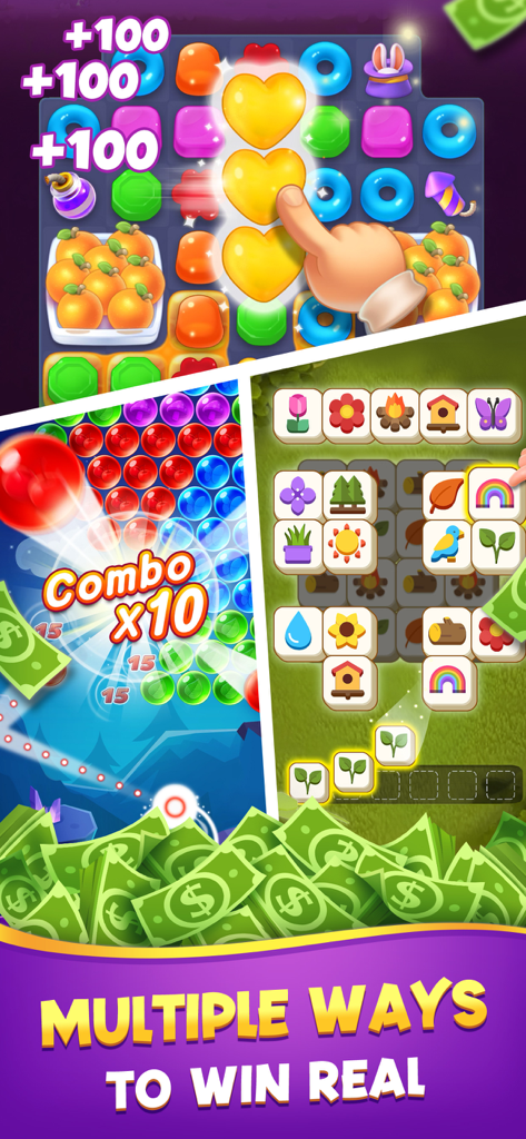 Bingo to Win: Real Cash Prizes - Collage of puzzle and bubble shooter games showing multiple ways to win real cash.
