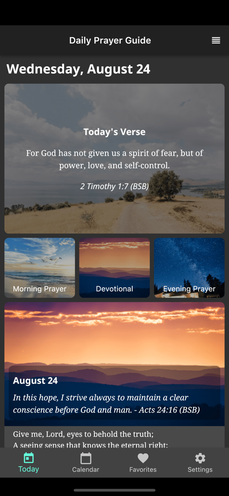 Daily Prayer Guide - Pantalla de inicio de la aplicación Guía de Oración Diaria que muestra versículos bíblicos diarios y secciones devocionales