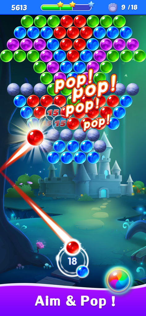 In game screenshot of Bubble Shooter Legend showing a red bubble being aimed at colorful bubbles with a magic castle background