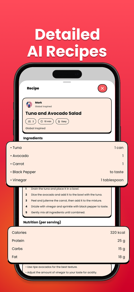 AI Recipes: Cook Ingredients - 재료, 요리 단계 및 영양 정보가 포함된 참치 아보카도 샐러드에 대한 AI 생성 상세 레시피