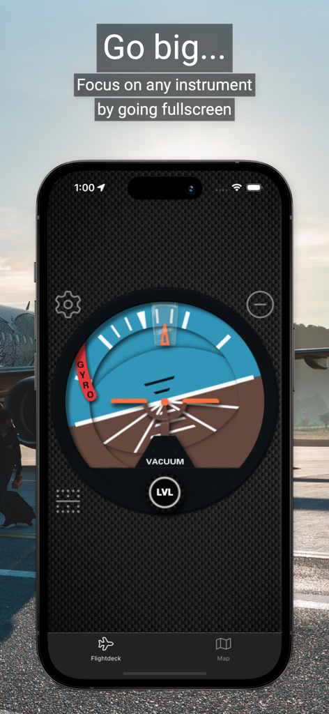 fDeck: flight instruments - Ein Mobiltelefon zeigt ein detailliertes Flug-Künstlicher-Horizont-Instrument im Vollbildmodus aus der fDeck App.