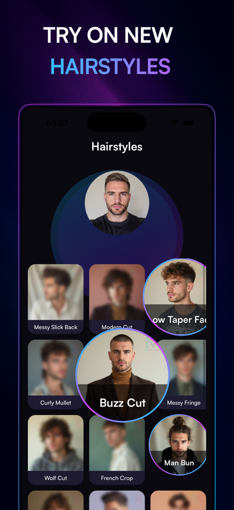 Model Face AI - Model Face AI app screen showing a user trying on different men's hairstyles using AI.