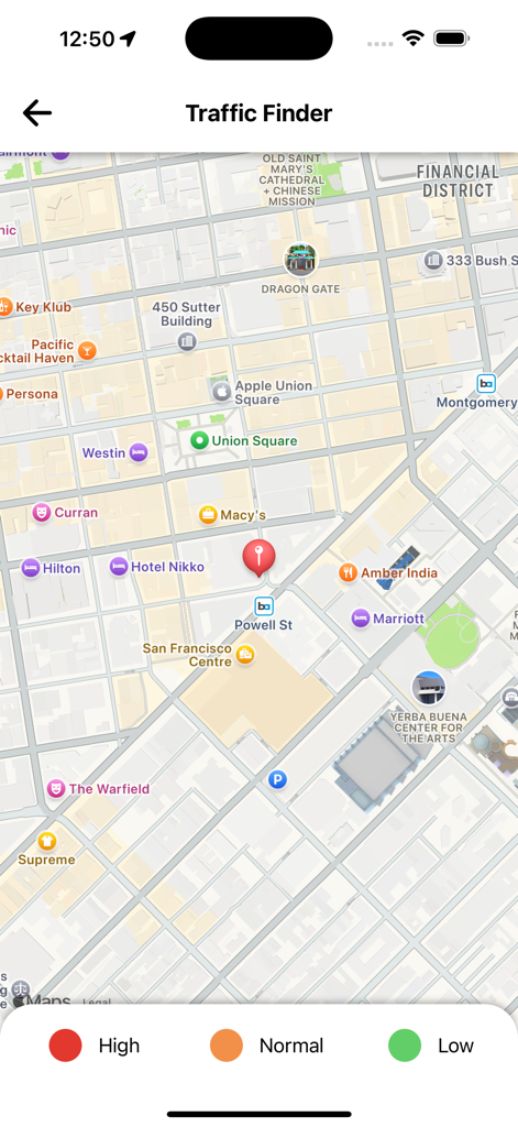 True Caller - Caller Id - Vista de mapa de la función Buscador de Tráfico que muestra las calles de San Francisco y los niveles de intensidad del tráfico.