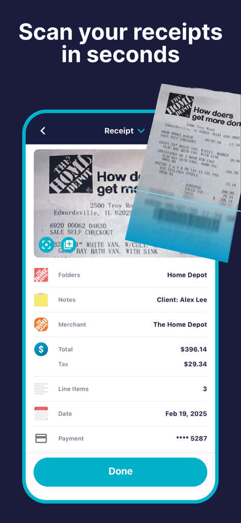 SimplyWise: Receipts, Expenses - SimplyWise app interface scanning a physical receipt to automatically extract expense details like merchant name, total, and tax.