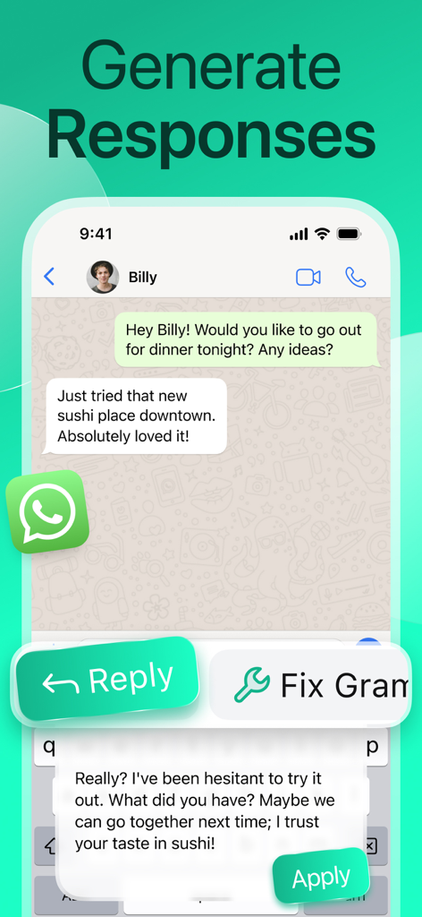 AI Type: Al Keyboard Extension - AI Type keyboard extension generating a smart response in a messaging app