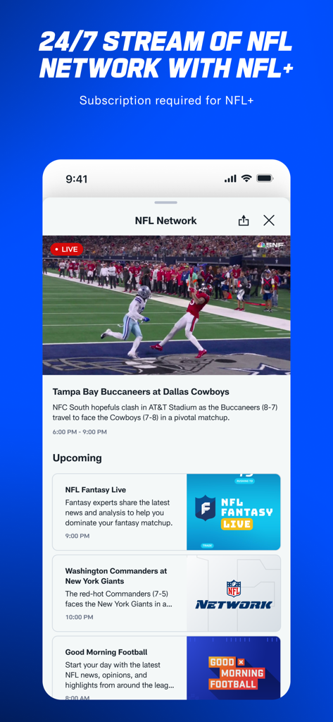 Pantalla móvil que muestra una transmisión de juego de fútbol en vivo en la app de la NFL con un horario de los próximos programas de NFL Network