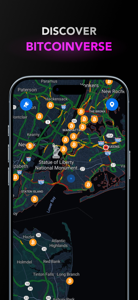 A map showing Bitcoin reward locations in the sMiles Bitcoinverse feature