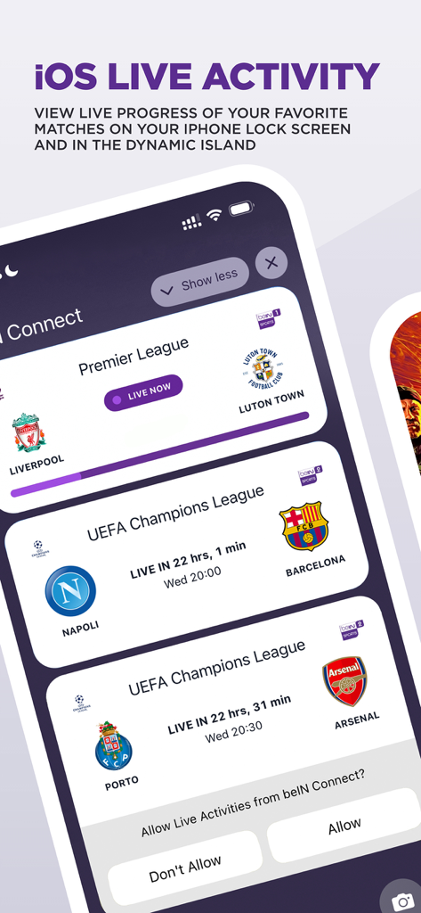 beIN CONNECT app showing live football match progress and schedules on an iPhone lock screen