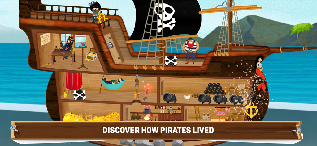 How did Pirates Live? - Eine detaillierte Schnittansicht eines Piratenschiffs, die verschiedene Decks und Räume für Kinder zum Erkunden zeigt
