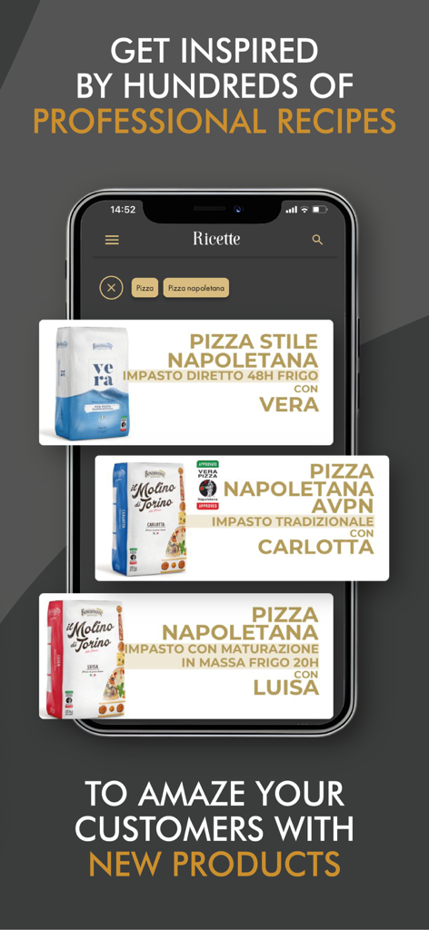 Bongiovanni-App-Oberfläche, die professionelle neapolitanische Pizzarezepte und spezielle italienische Mehlprodukte anzeigt.