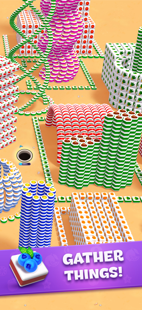 Black hole swallowing colorful tile stacks in Tiles In Hole game