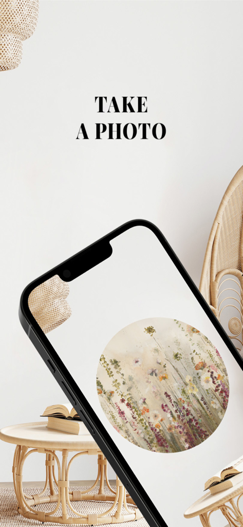 Smartphone screen using WallArt AR to preview a circular floral wallpaper on a living room wall