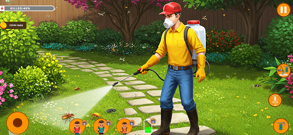 Idle Pest Cleaning Game 3D - An exterminator character using a spray tank to clear insects in a garden level